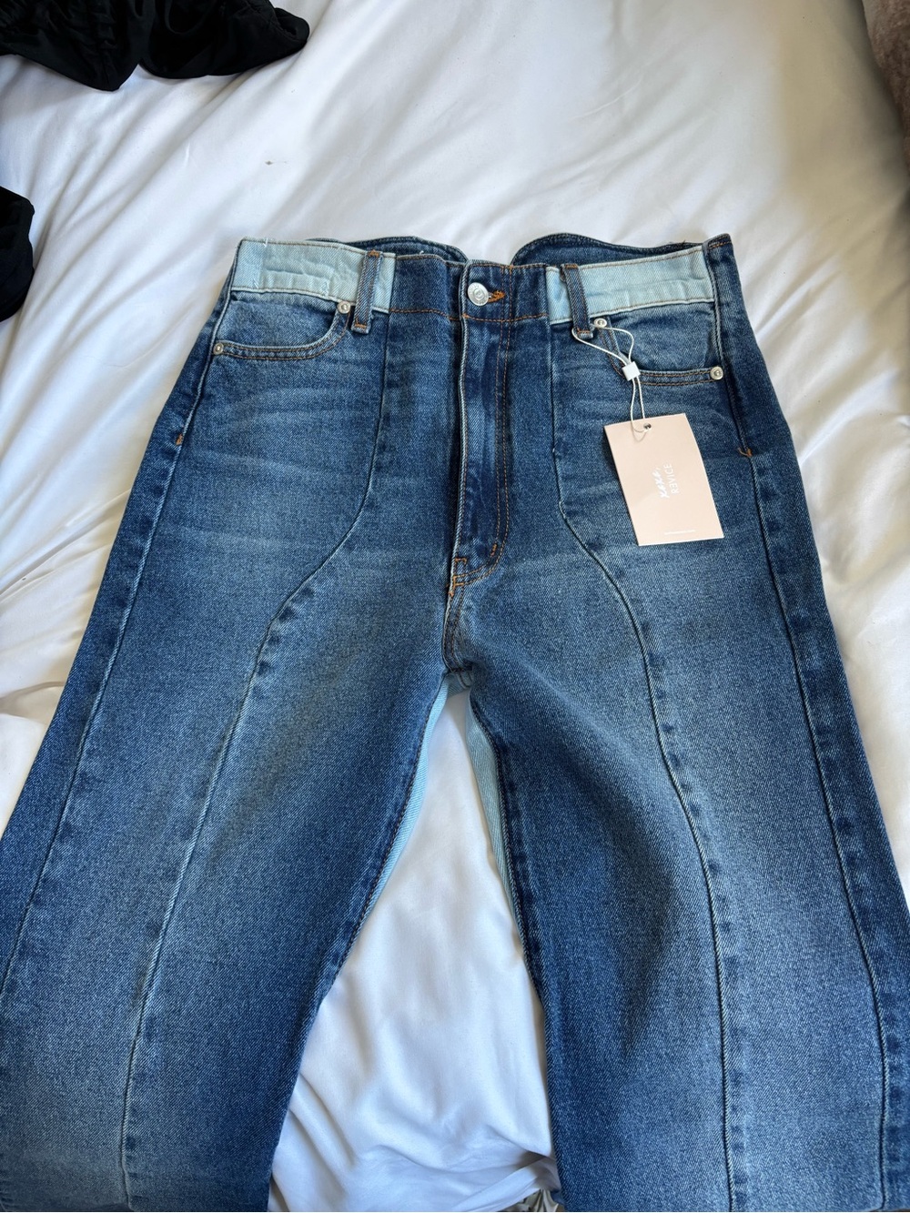 REVICE Two-Tone Blue Flare Jeans with Heart Panel - Picture 2 of 4